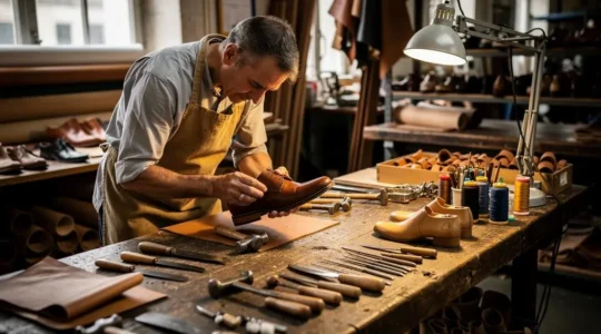 Artisan cordonnier inspectant une chaussure en cuir sur son établi dans un atelier de fabrication français