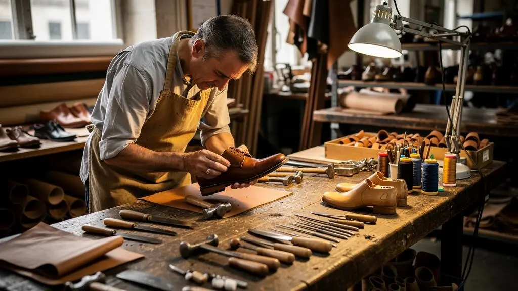 Artisan cordonnier inspectant une chaussure en cuir sur son établi dans un atelier de fabrication français
