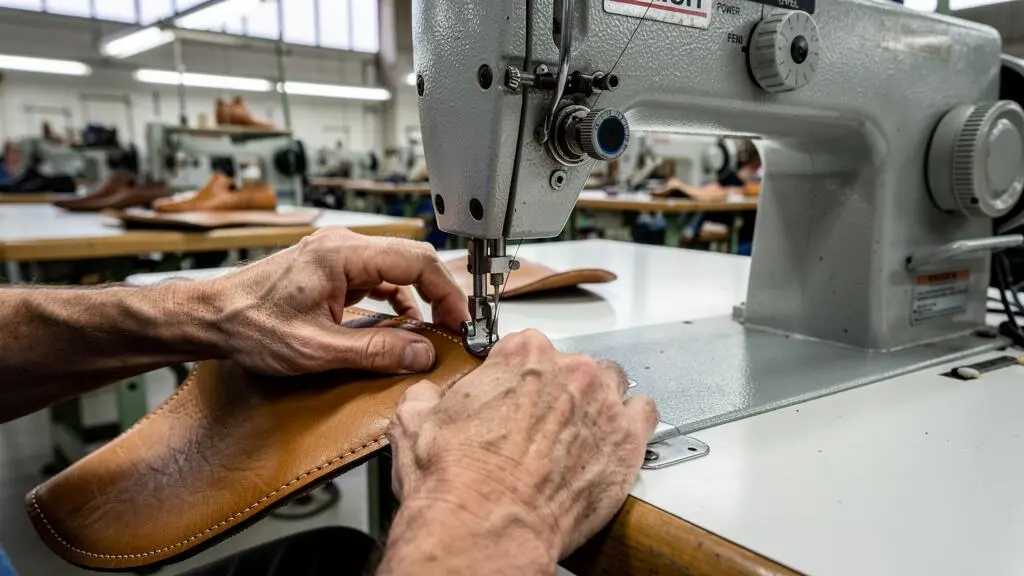 Ouvrier assemblant une chaussure en cuir sur une machine à coudre industrielle dans un atelier de fabrication