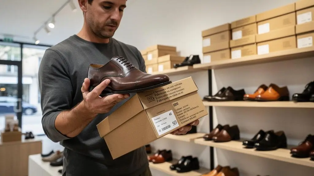 Client examinant attentivement une chaussure et son emballage dans un magasin pour vérifier les informations d'origine